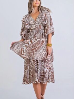 Karlie Boho Ruffle Sleeve Tiered Midi Dress Brown Print Flowy Small